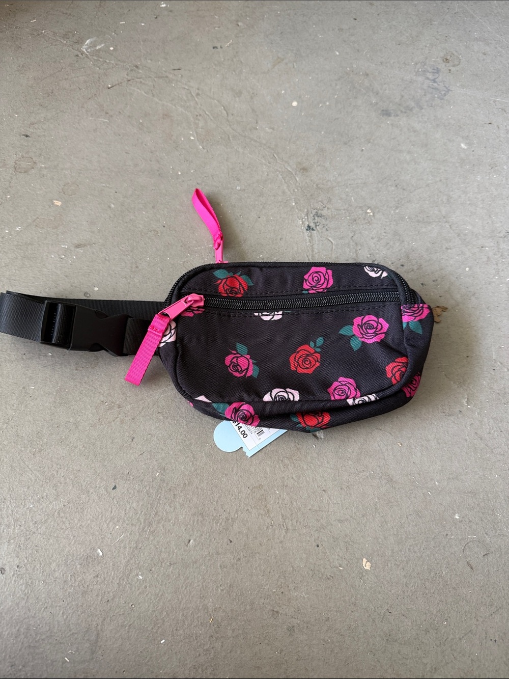 Cat & Jack Black Rose Print Waist Bag with Pink Zipper Pulls